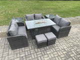 Fimous 8 Seater Outdoor Rattan Furniture Garden Dining Set Gas Fire Pit Table with Side Table Love Sofa 2 Small Footstools Dark Grey Mixed