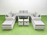Fimous 10 Seater Patio Garden Furniture Sets with Black Glass Top Dining Table Love Sofa 4 Stools Light Grey