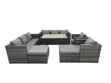Fimous Rattan Dining Table Sofa Set with Armchair 2 Big Footstools Outdoor 10 Seat Garden Furniture Set Dark Grey Mixed
