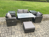 Fimous Outdoor Rattan Garden Furniture Lounge Sofa Set With Oblong Rectangular Dining Table 2 PC Reclining Chair 2 PC Side Table Big Footstool