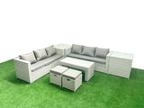 Fimous 8 Seater Garden Outdoor Rattan Furniture Set Rattan Garden Sofa Oblong Coffee Table with 2 Small Footstool 2 Side Tables Light Grey Mixed