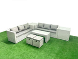 Fimous 8 Seater Garden Outdoor Rattan Furniture Set Rattan Garden Sofa Oblong Coffee Table with 2 Small Footstool 2 Side Tables Light Grey Mixed