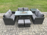 Fimous Rattan Outdoor Garden Furniture Sofa Set Gas Fire Pit Dining Table Gas Heater with Side Tables Love Sofa 2 Small Footstools Dark Grey Mixed