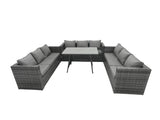 Fimous Outdoor Rattan Garden Furniture Lounge Sofa Set With Oblong Dining Table With Clear Tempered Glass