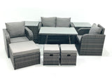 Fimous Outdoor Garden Furniture Set Rattan Sofa Dining Table Set with Reclining Chair 3 Footstool 2 Side Table Dark Grey Mixed