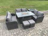 Fimous Rattan Outdoor Garden Furniture Sofa Set Gas Fire Pit Dining Table Gas Heater with Side Tables Love Sofa 2 Small Footstools Dark Grey Mixed
