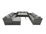 Fimous Outdoor Rattan Garden Furniture Lounge Sofa Set With Oblong Dining Table With Clear Tempered Glass And Big Footstool