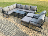 Fimous Aluminium Outdoor Garden Furniture Set Patio Lounge Sofa with Oblong Coffee Table Chair 2 Small Footstools Big Footstool Dark Grey