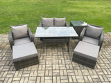 Fimous Rattan Outdoor Garden Furniture Set Rectangular Dining Table and Chair Sofa Set With Side Table 2 Big Footstool Dark Grey Mixed
