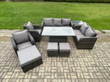 Fimous Wicker PE Rattan Outdoor Garden Furniture Sets Height Adjustable Rising lifting Dining Table Reclining Chair Sofa Set with Side Table 3 Footstools Dark Grey Mixed