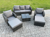 Fimous 7 Seater High Back Rattan Garden Furniture Set with Square Coffee Table 2 Big Footstool Indoor Outdoor Patio Lounge Sofa Set Dark Grey Mixed