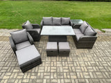 Fimous Wicker PE Rattan Outdoor Garden Furniture Sets Height Adjustable Rising lifting Dining Table Reclining Chair Sofa Set with Side Table 3 Footstools Dark Grey Mixed