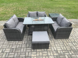 Fimous Rattan Outdoor Garden Furniture Sofa Set Gas Fire Pit Dining Table Gas Heater with Side Table Love Sofa Big Footstool Dark Grey Mixed