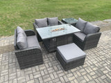 Fimous Rattan Outdoor Garden Furniture Sofa Set Gas Fire Pit Dining Table Gas Heater with Side Table Love Sofa Big Footstool Dark Grey Mixed