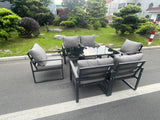 Fimous Aluminum Garden Furniture Dining Set Adjustable Rising Lifting Table And Chairs Patio Outdoor 6 Seat Black Tempered Glass Dark Grey