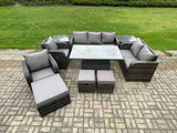 Fimous Wicker PE Rattan Outdoor Garden Furniture Sets Height Adjustable Rising lifting Dining Table Reclining Chair Sofa Set with 2 Side Tables 3 Footstools Dark Grey Mixed
