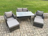 Fimous Patio Rattan Garden Furniture Set with Oblong Rectangular Dining Table 2 Big Footstool 6 Seater Outdoor Lounge Sofa Set Dark Grey Mixed