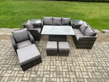 Fimous Wicker PE Rattan Outdoor Garden Furniture Sets Height Adjustable Rising lifting Dining Table Reclining Chair Sofa Set with 2 Side Tables 3 Footstools Dark Grey Mixed