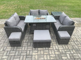 Fimous 9 Seater Outdoor Rattan Furniture Garden Dining Set Gas Fire Pit Table with Side Table Love Sofa 3 Footstools Dark Grey Mixed
