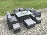 Fimous 9 Seater Outdoor Rattan Furniture Garden Dining Set Gas Fire Pit Table with Side Table Love Sofa 3 Footstools Dark Grey Mixed