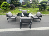 Fimous Aluminum Garden Furniture Dining Set Adjustable Rising Lifting Table And Chairs Patio Outdoor 4 Seat Plus Black Tempered Glass Dark Grey