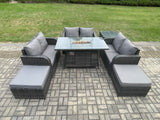 Fimous Rattan Outdoor Garden Furniture Sofa Set Gas Fire Pit Dining Table Gas Heater with Side Table Love Sofa 2 Big Footstool Dark Grey Mixed