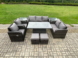 Fimous Wicker PE Rattan Outdoor Garden Furniture Sets Height Adjustable Rising lifting Dining Table Reclining Chair Sofa Set with 2 Side Tables 2 Small Footstools Dark Grey Mixed