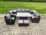 Fimous Wicker PE Rattan Outdoor Garden Furniture Sets Height Adjustable Rising lifting Dining Table Reclining Chair Sofa Set with 2 Side Tables 2 Small Footstools Dark Grey Mixed
