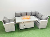 Fimous 7 Seat Rattan Garden Furniture Corner Sofa Set Outdoor Gas Fire Pit Table Set with Armchair Light Grey