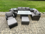Fimous Outdoor Rattan Furniture Garden Dining Set Patio Height Adjustable Rising lifting Table Reclining Chair Sofa With 2 Side Tables 2 Big Footstools