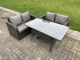 Fimous Dark Grey PE Wicker Rattan Garden Furniture Set Love Sofa 2 Seater Sofa Set Outdoor Rectangular Dining Table 4 Seater