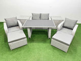 Fimous Outdoor Rattan Garden Furniture Dining Set 6 seater Patio Rectangular Table Love Sofa Reclining Chair Set with 2 Side Tables 2 Big Stools