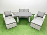 Fimous Outdoor Rattan Garden Furniture Dining Set 6 seater Patio Rectangular Table Love Sofa Reclining Chair Set with Side Table 2 Big Stools