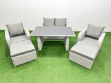 Fimous Outdoor Rattan Garden Furniture Dining Set 6 seater Patio Rectangular Table Love Sofa Reclining Chair Set with 2 Big Stools