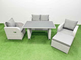 Fimous Outdoor Rattan Garden Furniture Dining Set 5 seater Patio Rectangular Table Love Sofa Reclining Chair Set with Big Stool