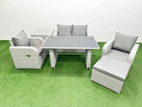 Fimous Outdoor Rattan Garden Furniture Dining Set 5 seater Patio Rectangular Table Love Sofa Reclining Chair Set with Side Table Big Stool