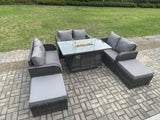 Fimous 8 Seater Rattan Outdoor Garden Furniture Sofa Set Gas Fire Pit Dining Table Gas Heater with Love Sofa 2 Big Footstool Dark Grey Mixed
