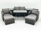 Fimous Outdoor Garden Furniture Set Rattan Sofa Dining Table Set with Reclining Chair 2 Big Footstool 2 Side Tables Dark Grey Mixed