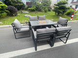 Fimous Aluminum Top 6 Seat Garden Furniture Dining Set Gas Fire Pit Table And Chairs Burner Heater Patio Outdoor Dark Grey