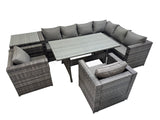 Fimous Rattan Garden Furniture Set Outdoor 8 Seater Patio Dining Corner Sofa Sets with Dining Table 2 Chairs Side Table Dark Grey Mixed