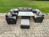 Fimous Wicker PE Rattan Outdoor Garden Furniture Sets Height Adjustable Rising lifting Dining Table Reclining Chair Sofa Set with 2 Side Tables Big Footstool Dark Grey Mixed