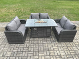 Fimous Rattan Outdoor Garden Furniture Sofa Set Gas Fire Pit Dining Table Gas Heater with Love Sofa Dark Grey Mixed