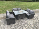 Fimous Rattan Outdoor Garden Furniture Sofa Set Gas Fire Pit Dining Table Gas Heater with Love Sofa Dark Grey Mixed