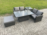 Fimous 5 Pieces Garden Furniture Sets Poly Rattan Outdoor Patio Height Adjustable Rising Lifting Table Sofa Dining Set with Side Table Big Footstool