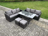 Fimous Dark Grey PE Wicker Rattan Garden Furniture Set Lounge Sofa 3 Seater Sofa Set Outdoor Rectangular Dining Table With 2 Stools 8 Seater