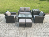 Fimous 6 Seater Outdoor Rattan Garden Furniture Set Patio Lounge Sofa Set with Coffee Table Side Table 2 Small Footstools Dark Grey Mixed