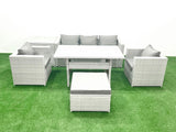 Fimous Garden Dining Set Outdoor Rattan Furniture Set with Sofa Dining Table 2 Chairs Big Footstool Side Table Light Grey Mixed