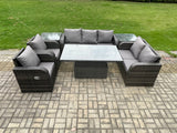 Fimous Wicker PE Rattan Outdoor Garden Furniture Sets Height Adjustable Rising lifting Dining Table Reclining Chair Sofa Set with 2 Side Tables Dark Grey Mixed