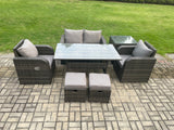 Fimous Outdoor Rattan Garden Furniture Lounge Sofa Set With Oblong Rectangular Dining Table 2 PC Reclining Chair Side Table 2 Small Footstool