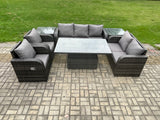 Fimous Wicker PE Rattan Outdoor Garden Furniture Sets Height Adjustable Rising lifting Dining Table Reclining Chair Sofa Set with 2 Side Tables Dark Grey Mixed